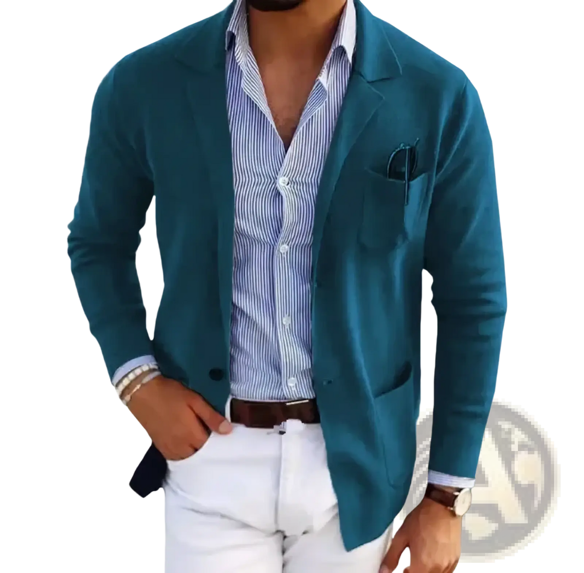 Men’s slim fit business casual blazer jacket in teal with relaxed fit, subtle texture, and single-breasted design