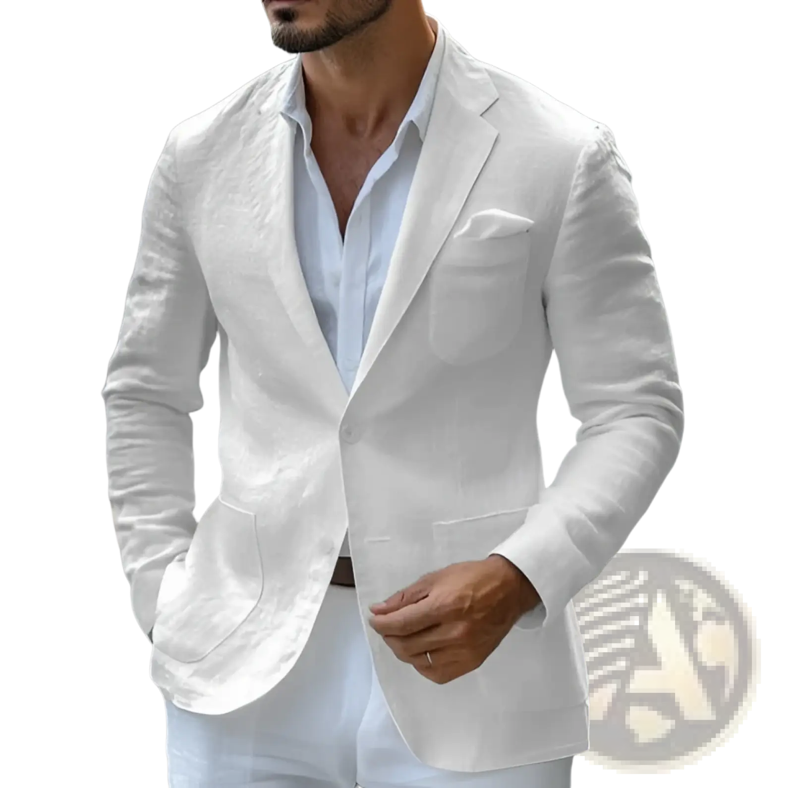 Men’s slim fit white linen blazer with subtle texture and classic single-breasted design for business casual wear