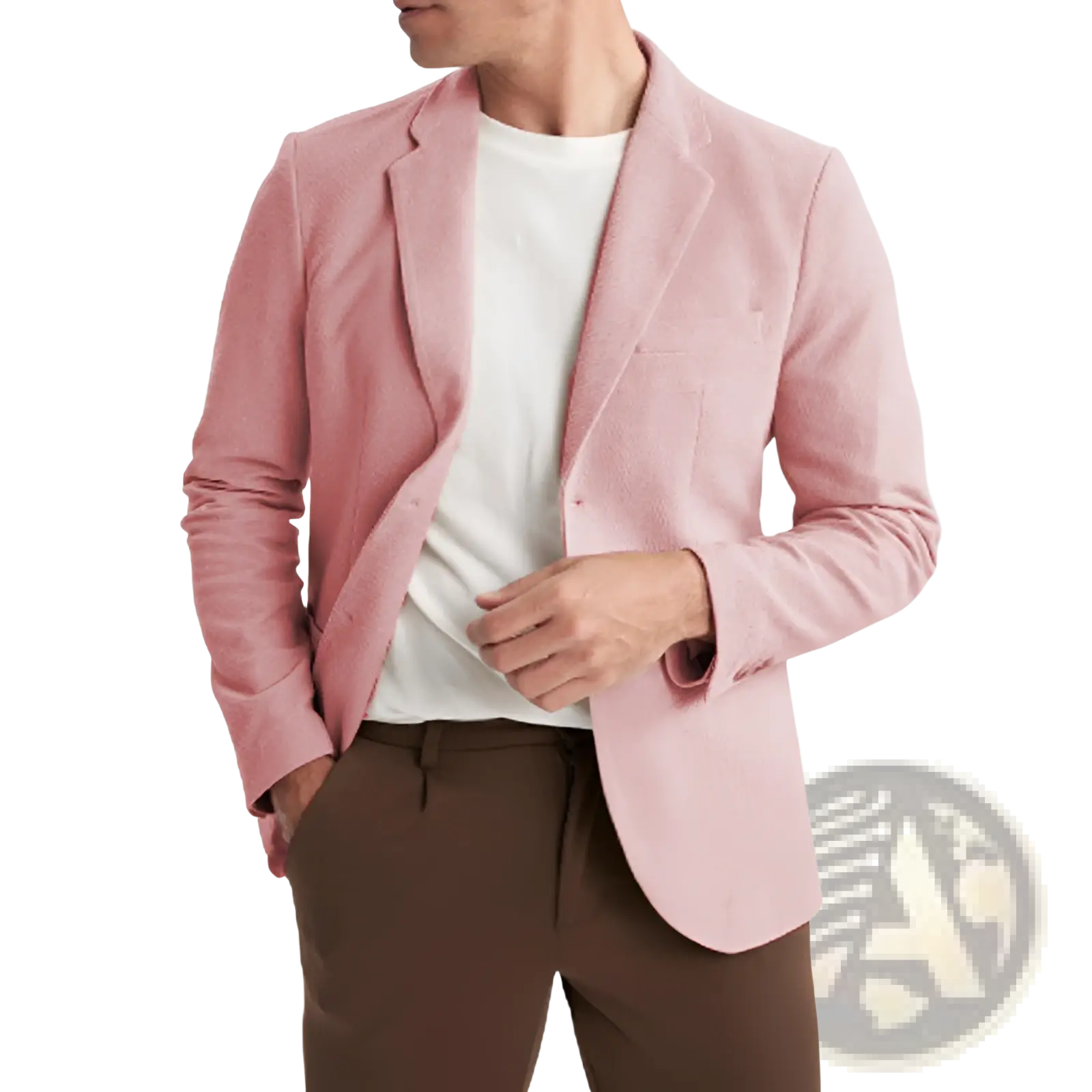 A soft pink men’s slim fit business casual blazer with textured fabric and classic tailored fit