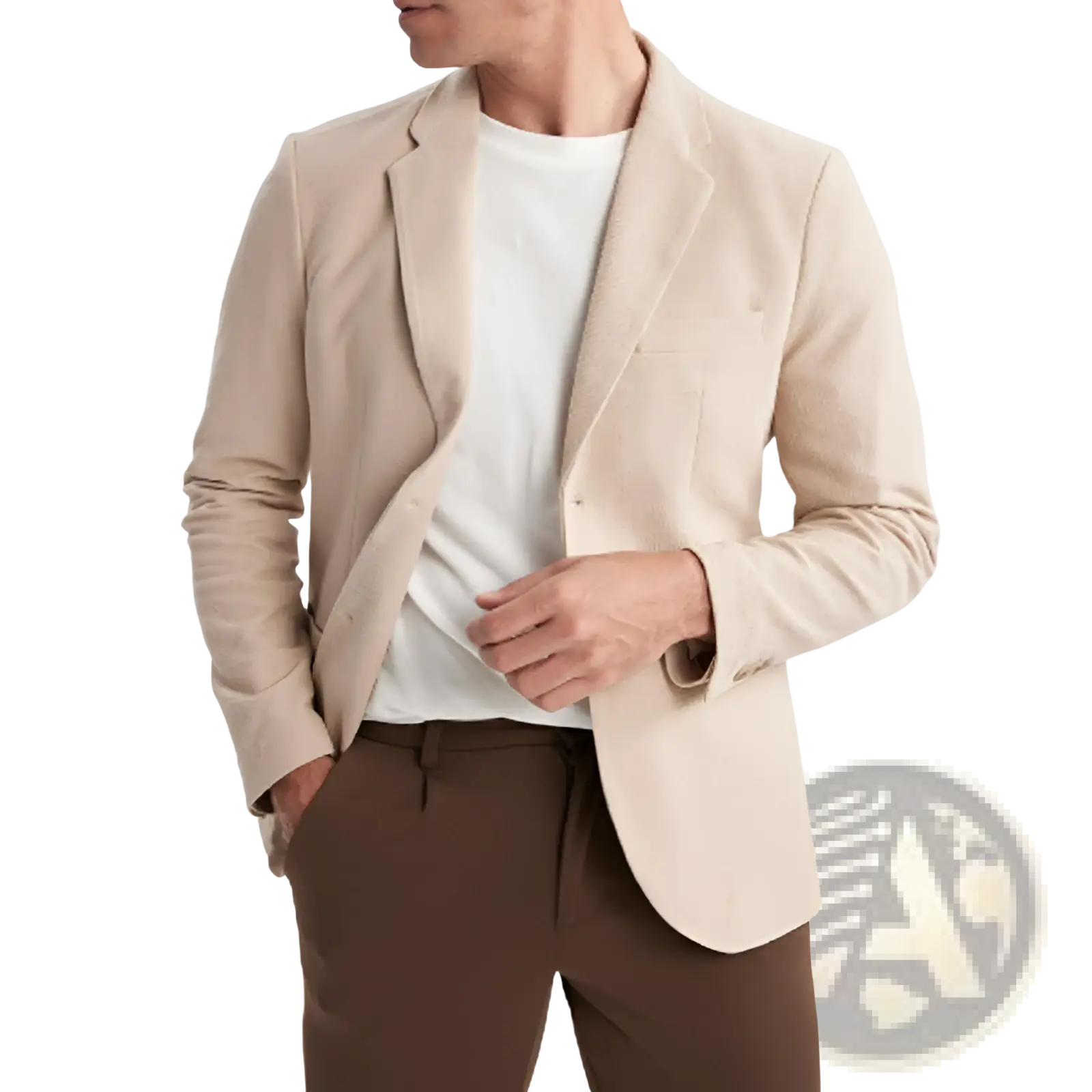 Beige linen blend blazer with relaxed fit and single breasted design in men’s slim fit business casual collection