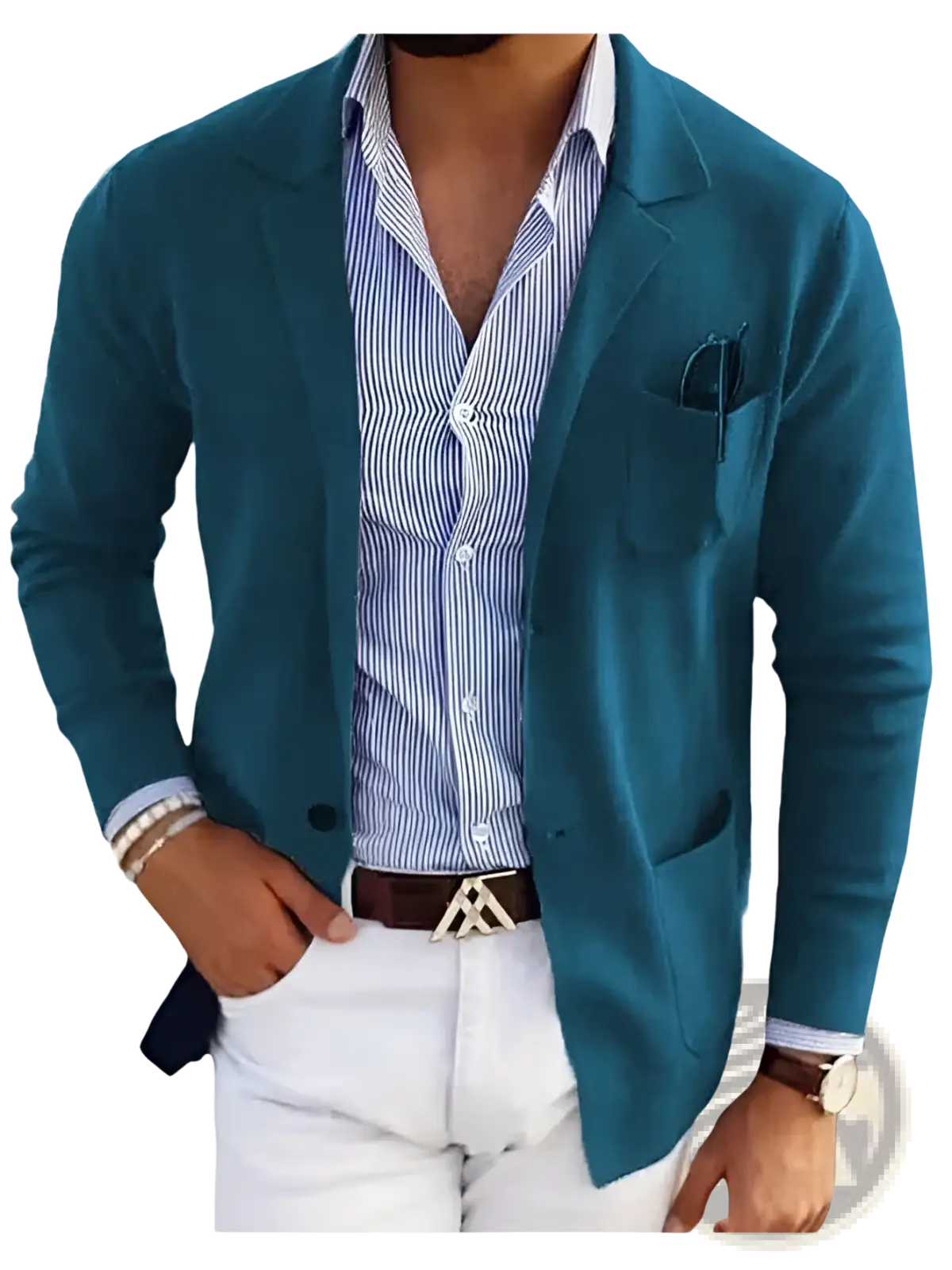 Men’s slim fit teal blazer with soft knit texture, subtle sheen, notched lapels, front pockets, and button closure over striped shirt