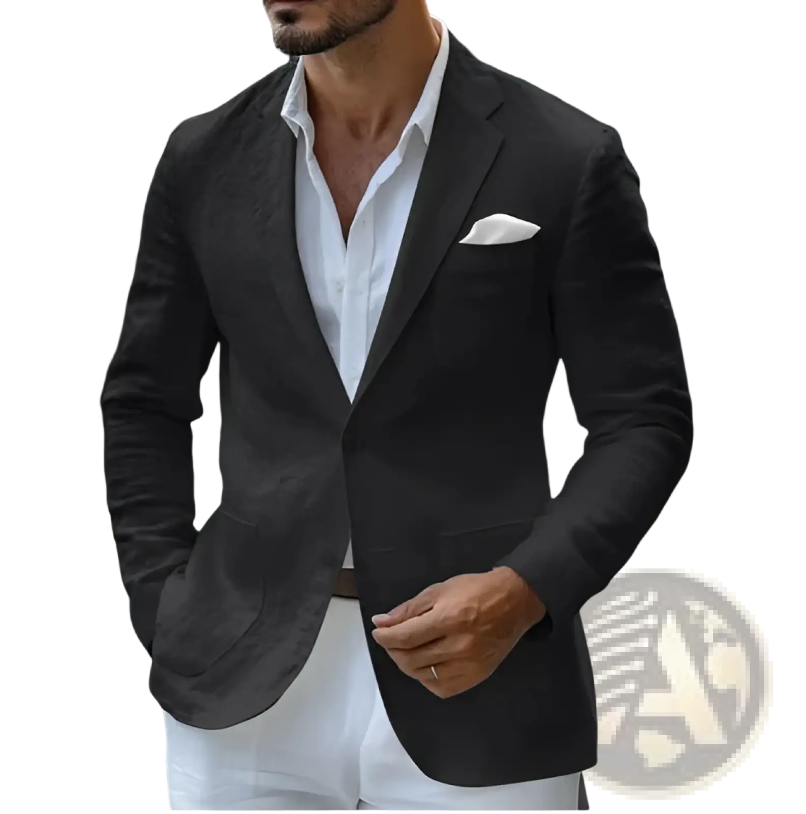 Men’s slim fit black textured blazer with subtle pattern paired with white dress shirt and pocket square for business casual
