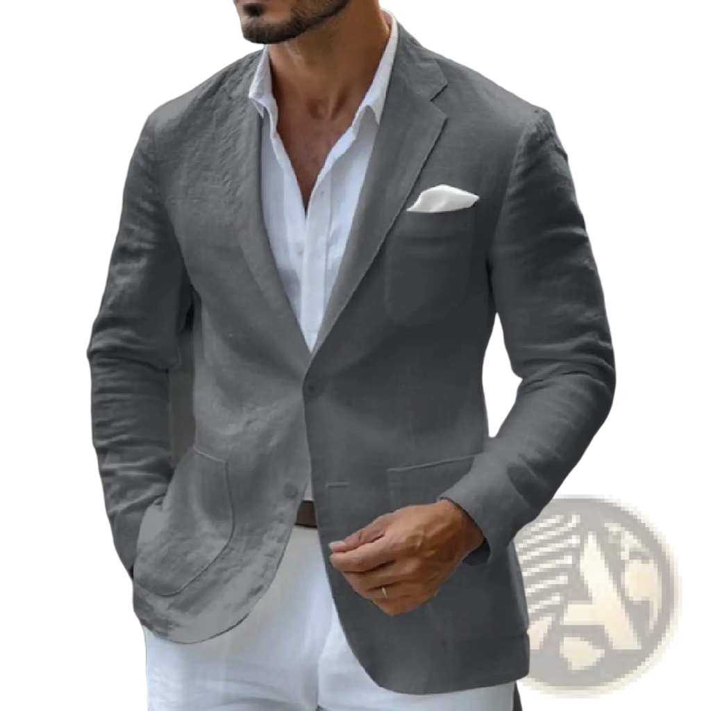Men’s slim fit gray linen blazer with subtle texture single-breasted design and white pocket square for business casual