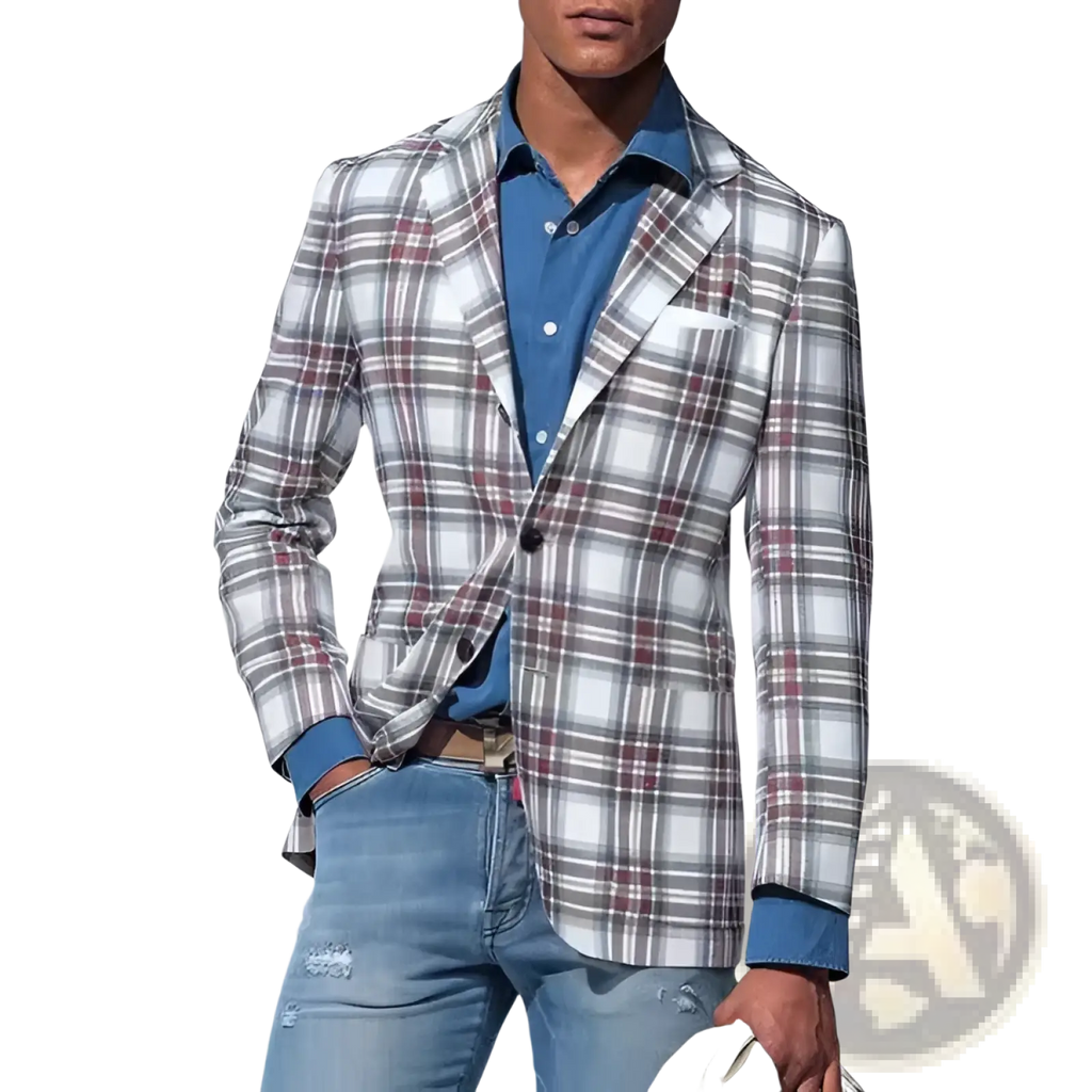 A men’s slim fit business casual blazer with a tailored fit and classic white gray and burgundy plaid pattern