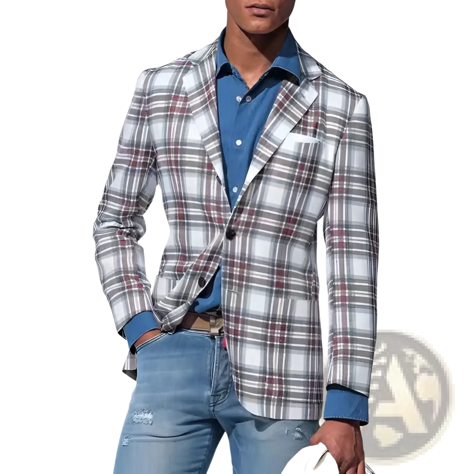 A men’s slim fit business casual blazer with a tailored fit and classic white gray and burgundy plaid pattern