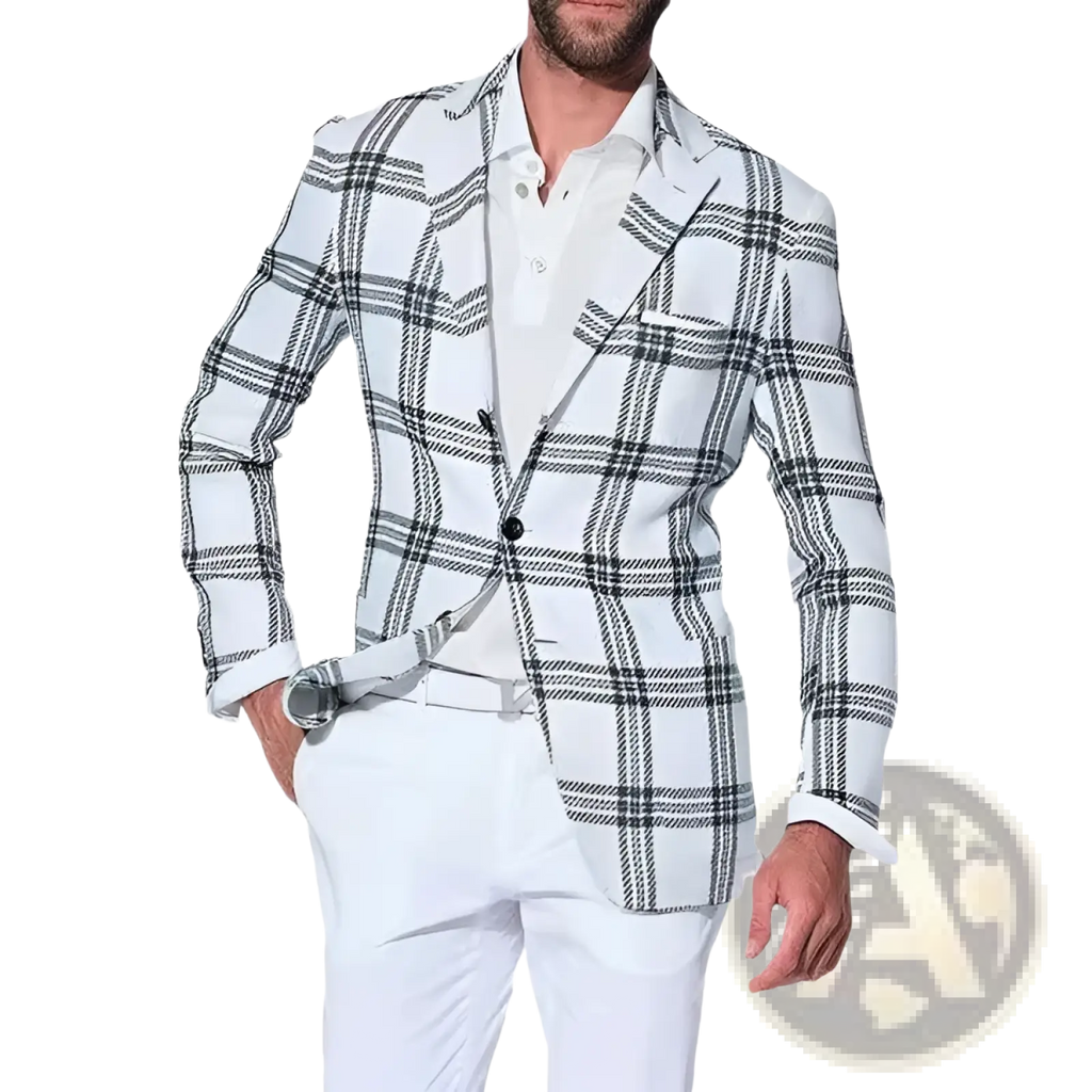 Men’s slim fit business casual white and black plaid blazer with textured weave fabric for stylish office wear
