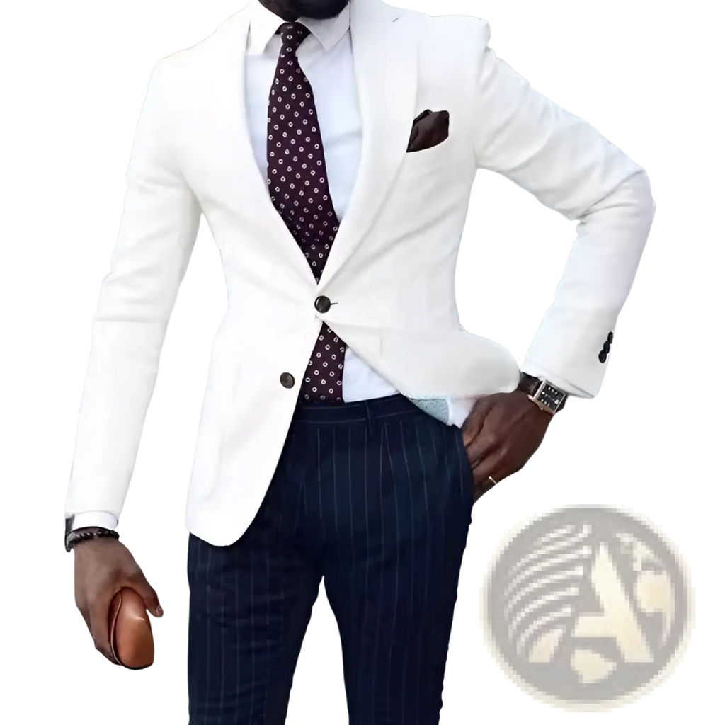 Men’s slim fit white tailored blazer with notched lapels and single-breasted design paired with dark pinstripe trousers