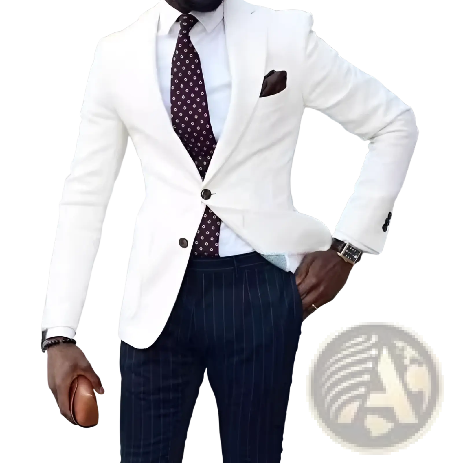 Men’s slim fit white tailored blazer with notched lapels and single-breasted design paired with dark pinstripe trousers