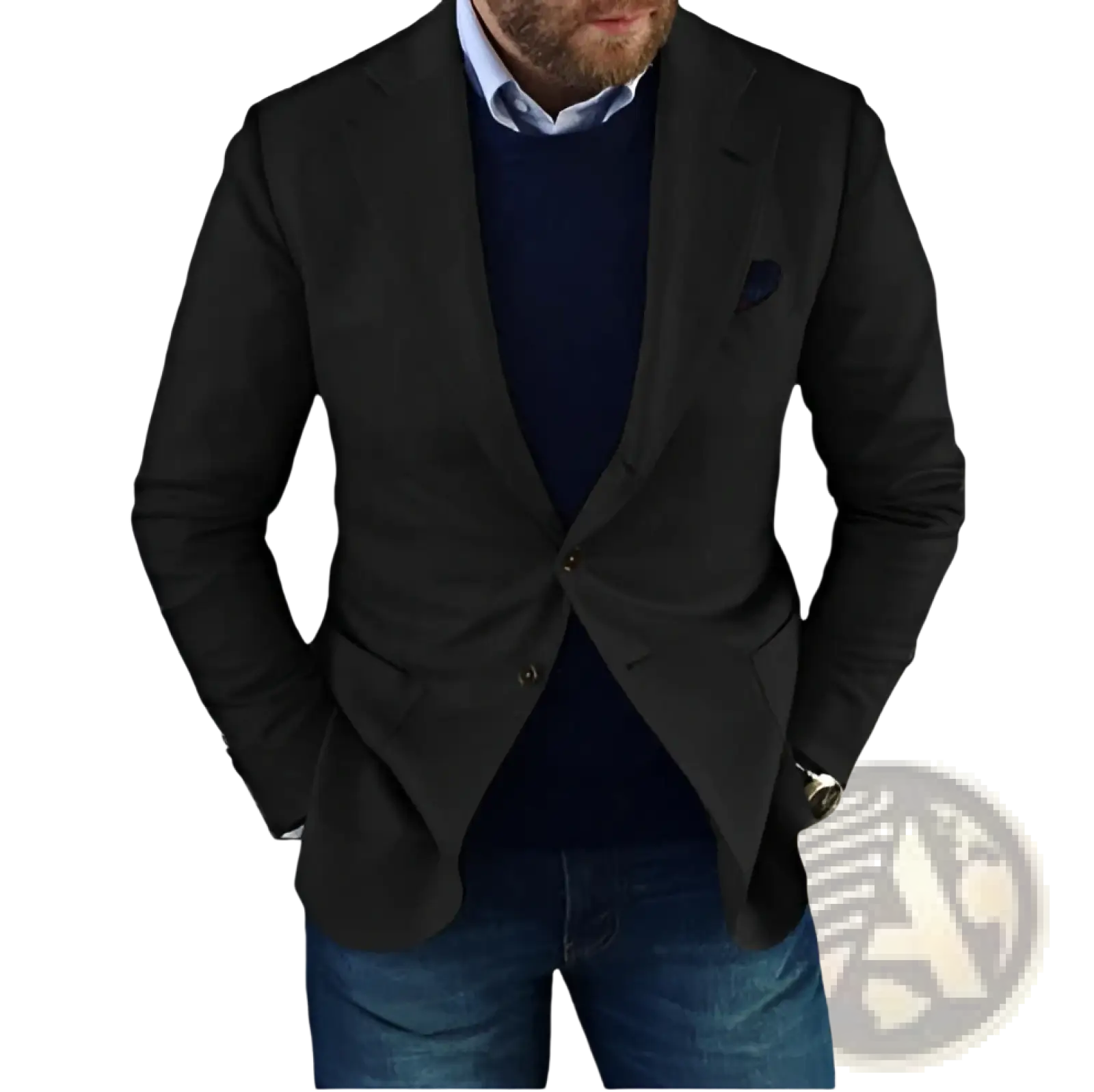 Men’s slim fit black blazer with subtle texture worn over navy sweater and light blue collared shirt for business casual use