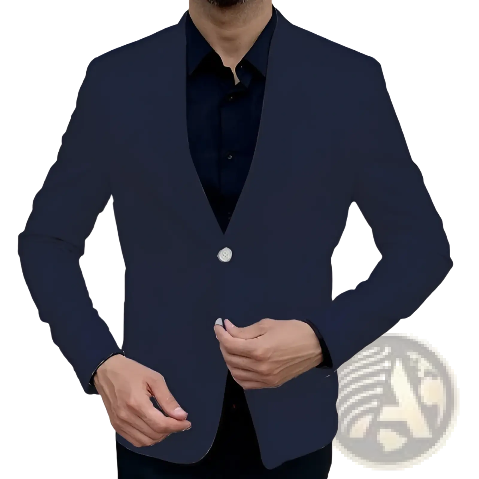 Navy blue men’s slim fit single-breasted blazer with silver button and notched lapels for business casual wear