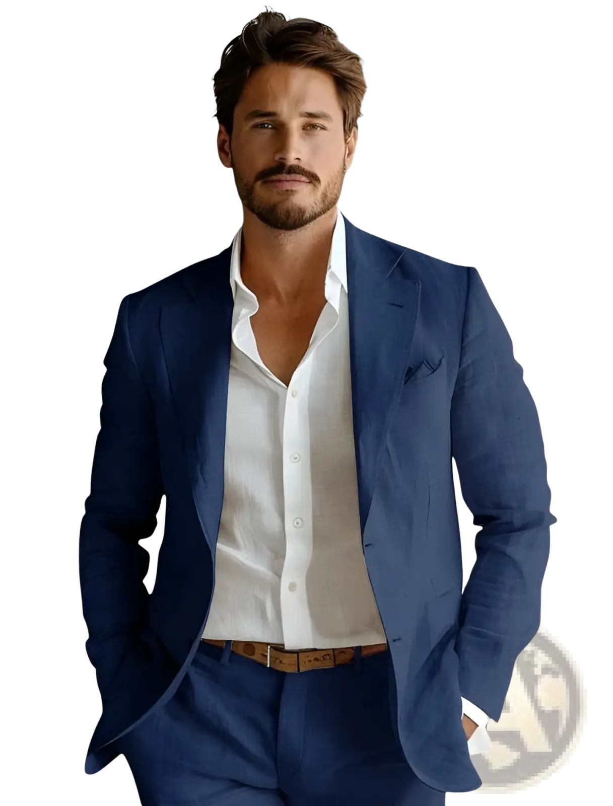 Men’s slim fit navy blue tailored suit jacket with subtle texture and matching trousers for business casual wear