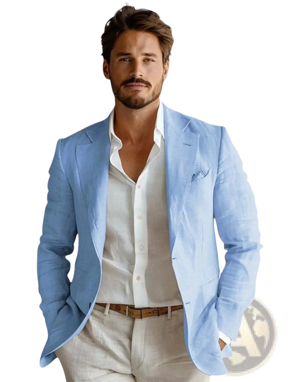 Men’s slim fit light blue linen blazer with subtle texture and structured shoulders for business casual wear