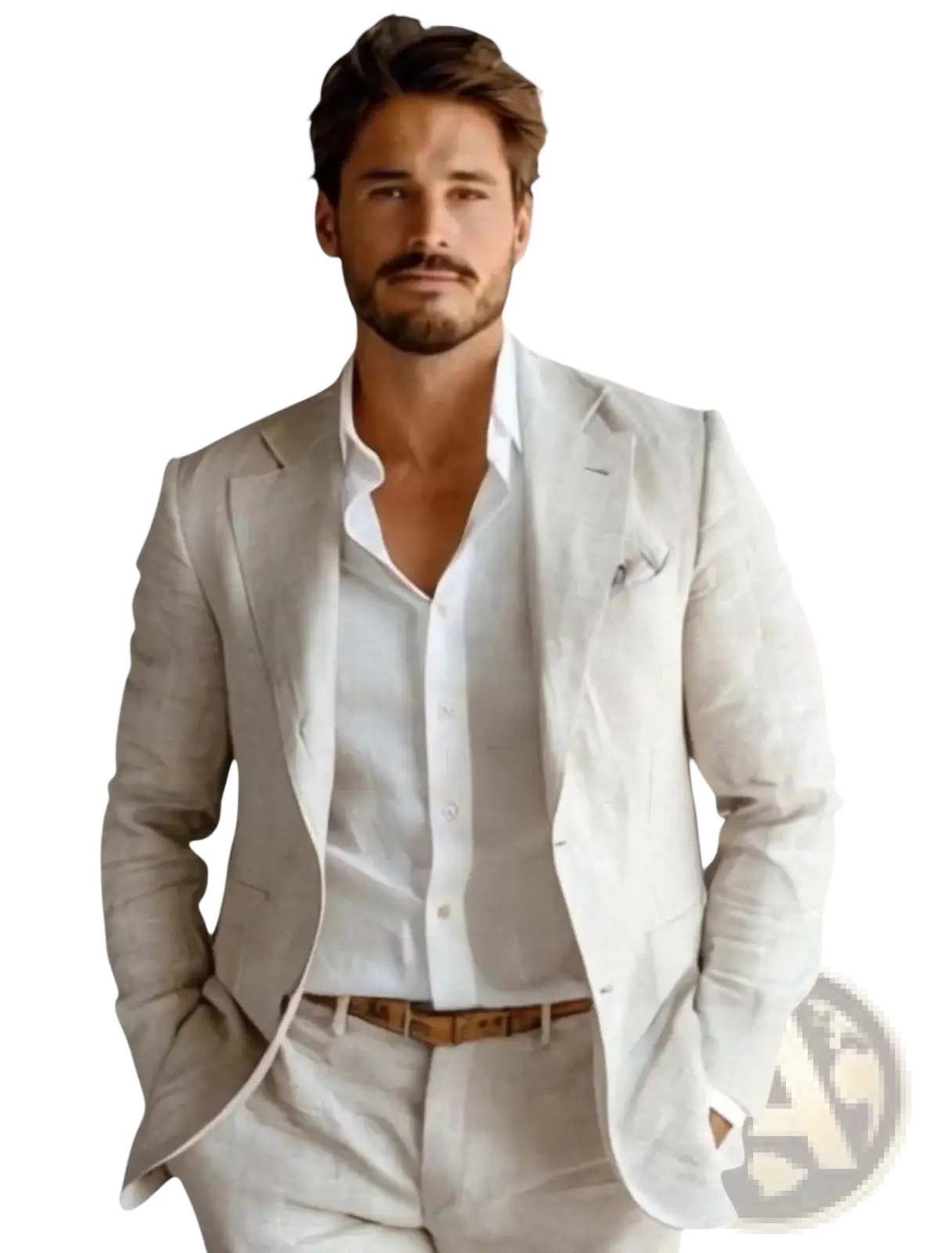 A man wearing a light beige linen suit with matching trousers and a white shirt for slim fit business casual blazers