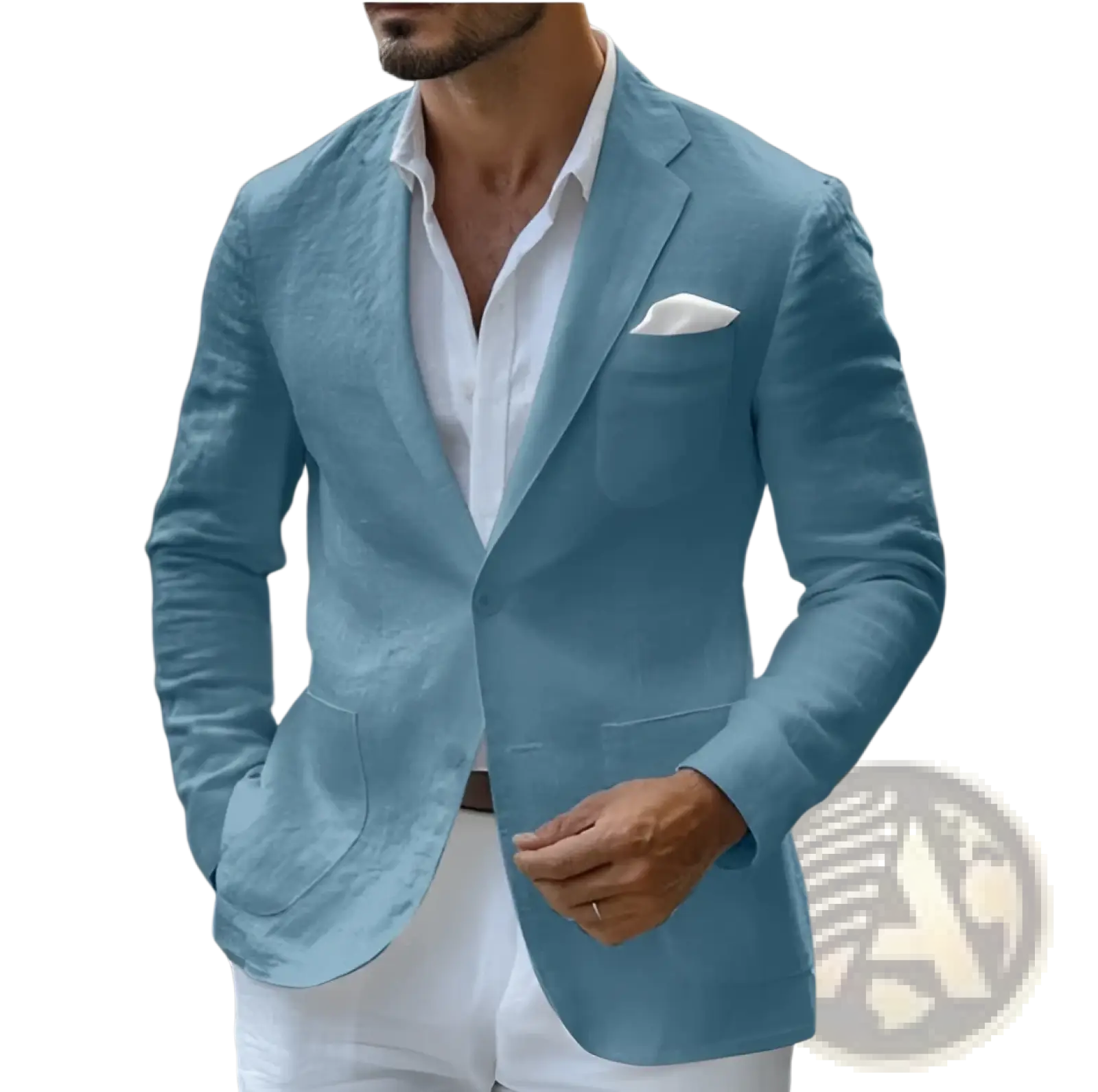 Men’s slim fit business casual light blue linen blazer with subtle texture single-breasted design and white pocket square