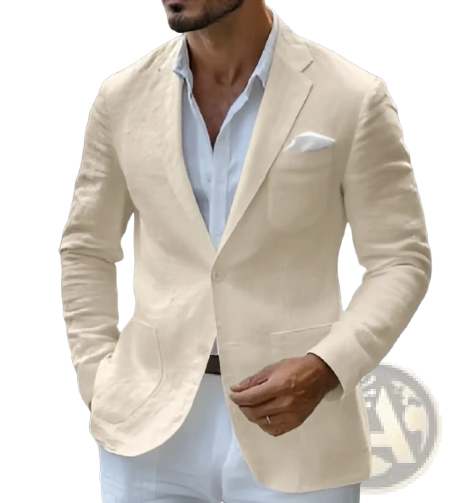 Beige textured men’s slim fit business casual blazer with subtle pattern and matching pocket square for formal wear