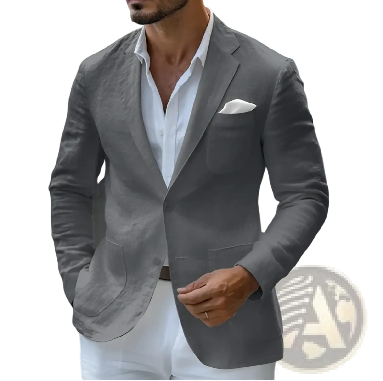 Men’s slim fit gray textured blazer with subtle pattern worn over white dress shirt and paired with white trousers