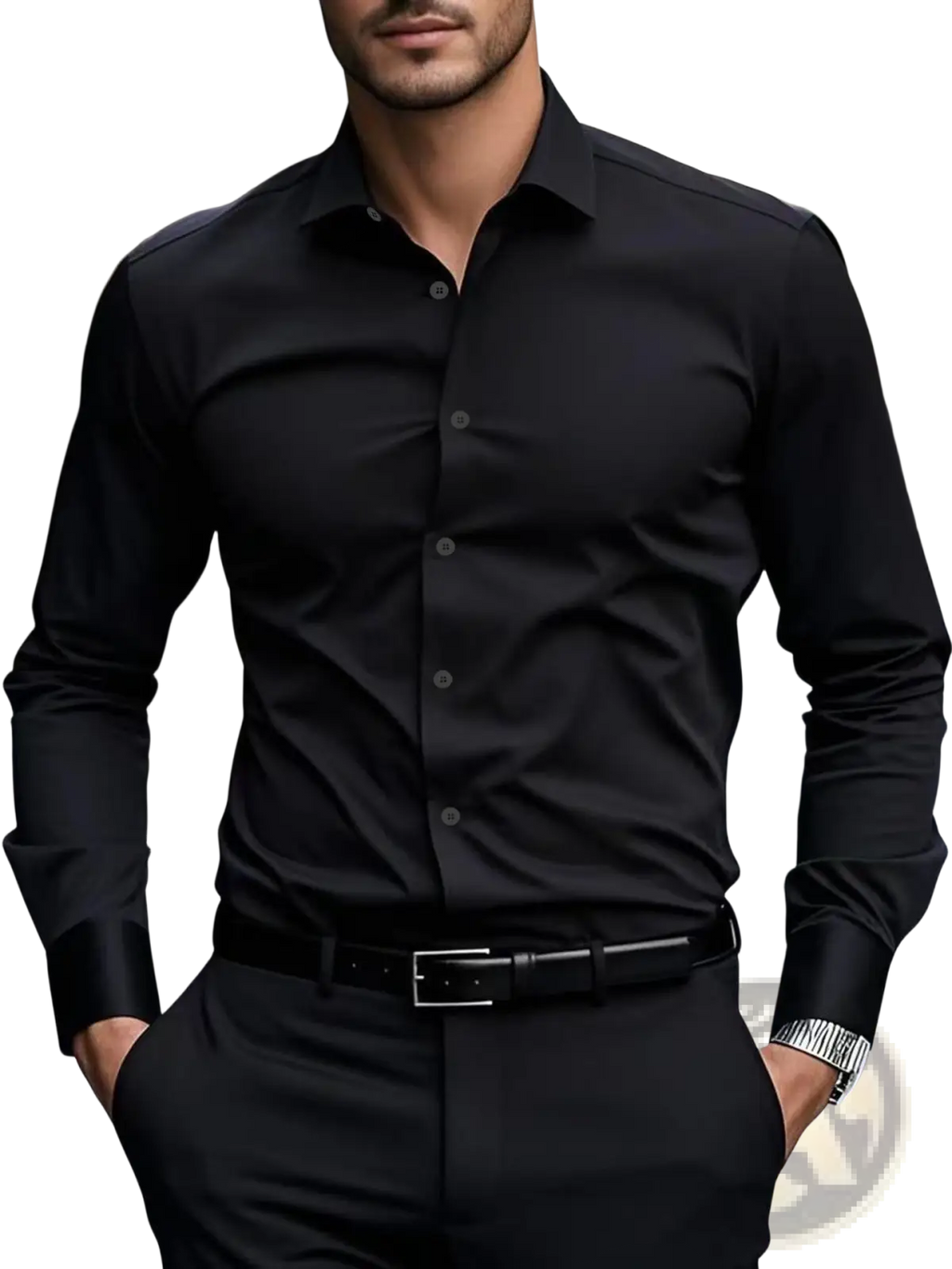 Men’s slim fit black long-sleeved business dress shirt with classic collar and button-down front for formal wear