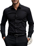 Men’s slim fit black long-sleeved business dress shirt with classic collar and button-down front for formal wear