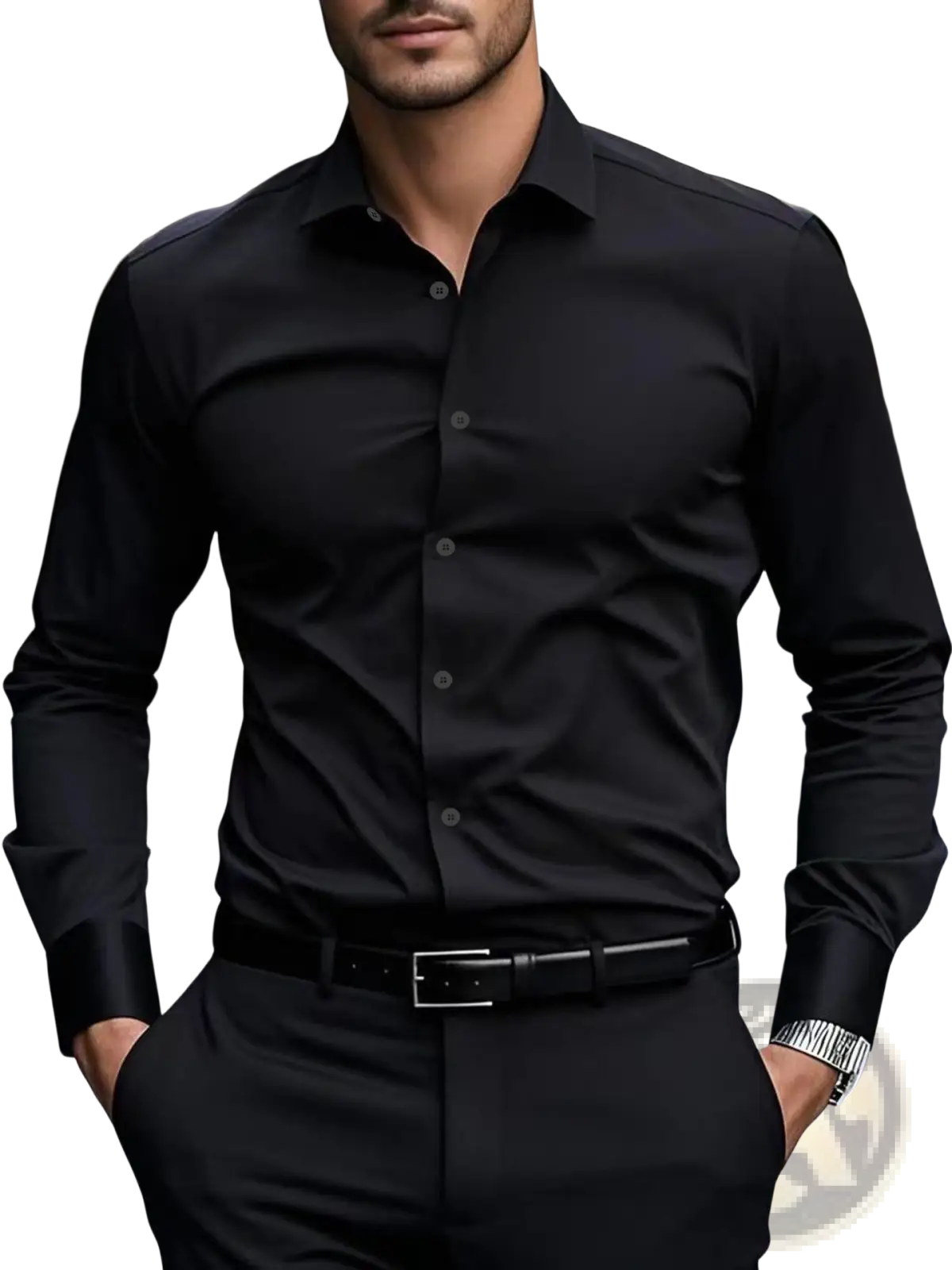 Men’s slim fit black long-sleeved business dress shirt with classic collar and button-down front for formal wear