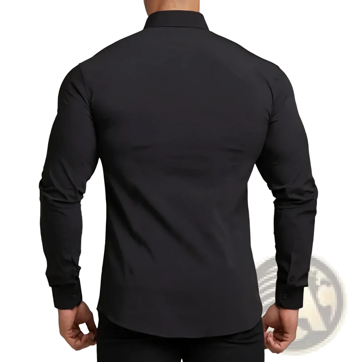 Black slim fit business dress shirt with long sleeves, tailored collar, and buttoned cuffs for formal wear
