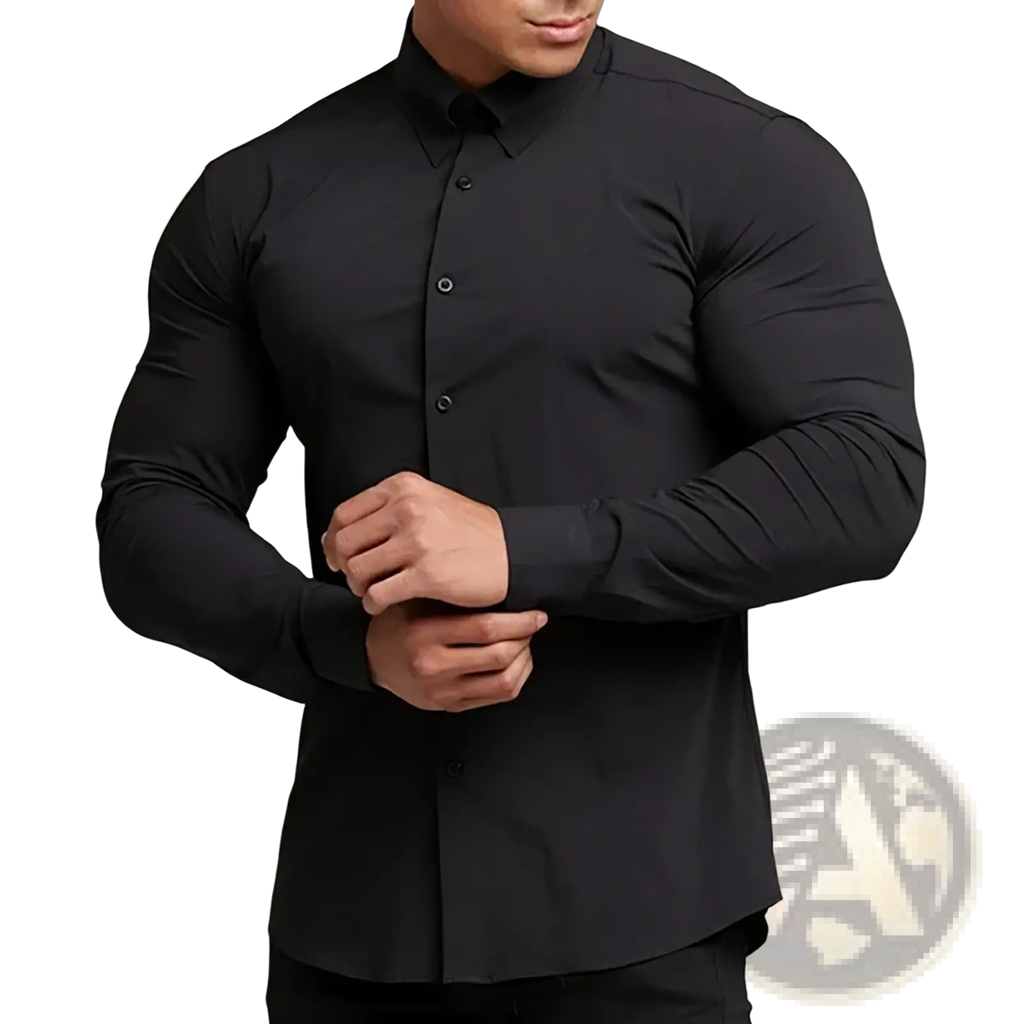 Mens slim fit business dress shirt in black with long sleeves, fitted button-up front, and classic collar