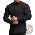 Mens slim fit business dress shirt in black with long sleeves, fitted button-up front, and classic collar
