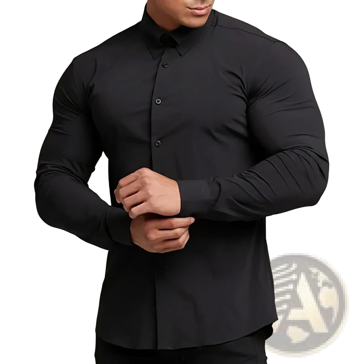 Mens slim fit business dress shirt in black with long sleeves, fitted button-up front, and classic collar