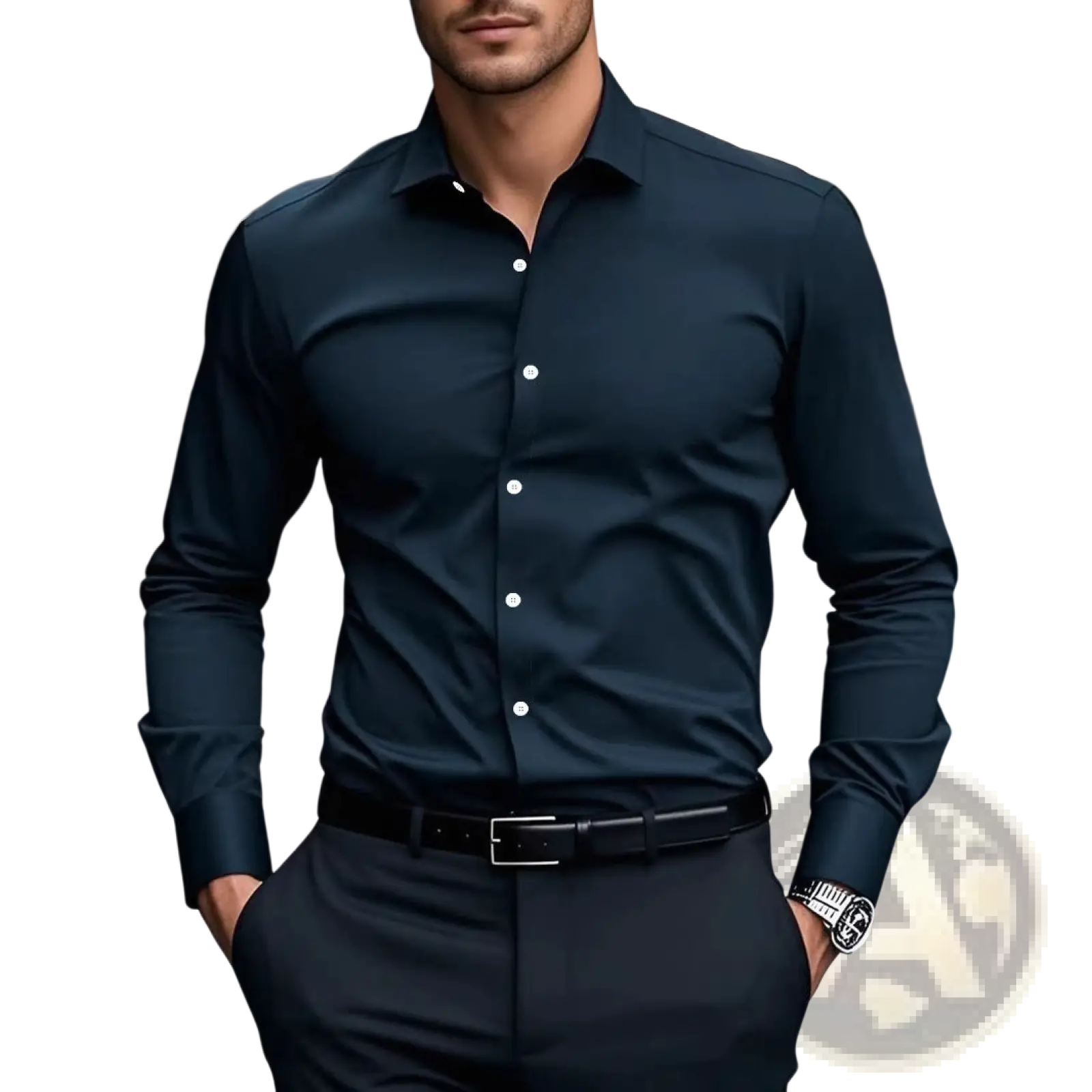 Men’s slim fit black long-sleeved business dress shirt with white buttons and tailored fit for professional wear
