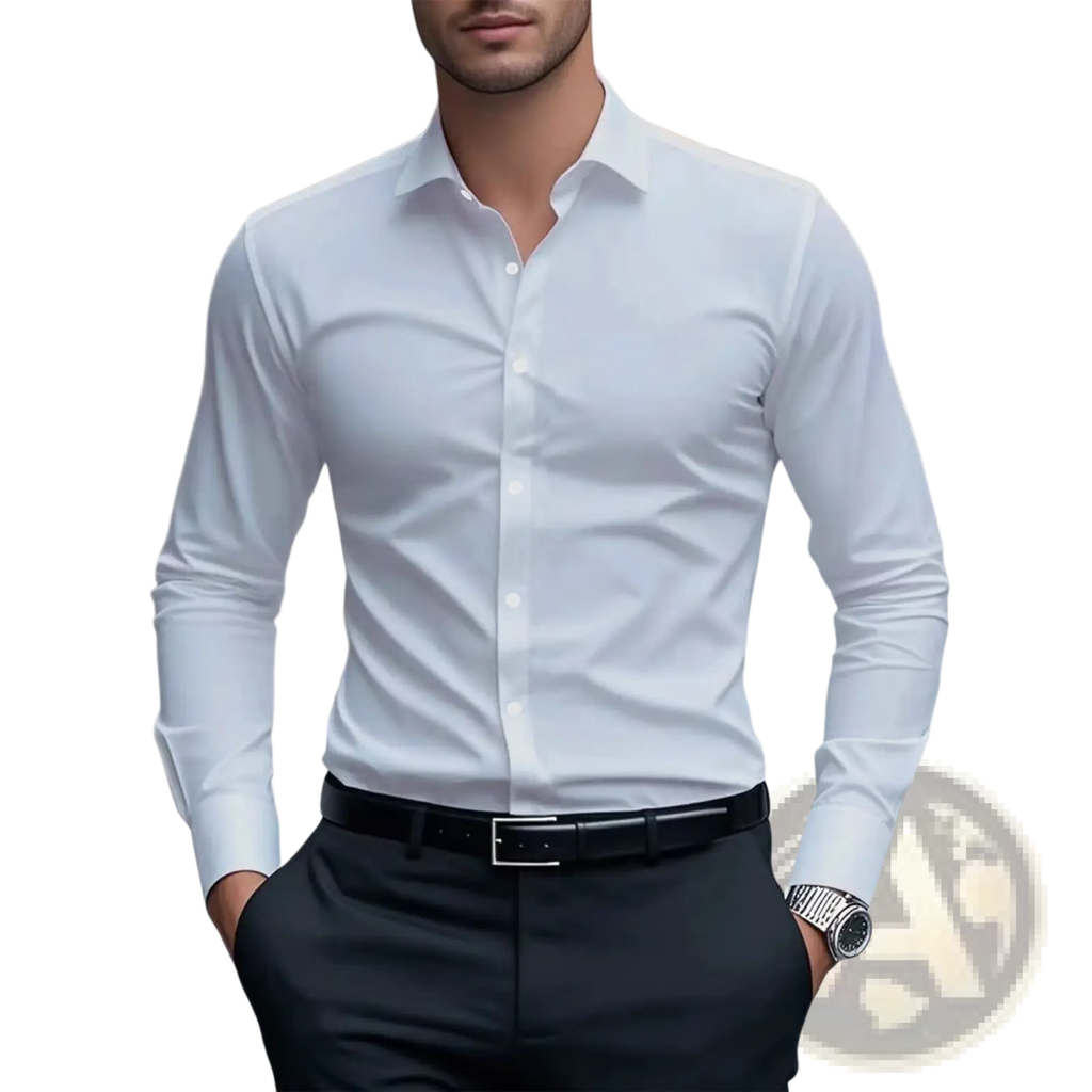 Men’s slim fit business dress shirt in crisp white with long sleeves, classic collar, and button-down front