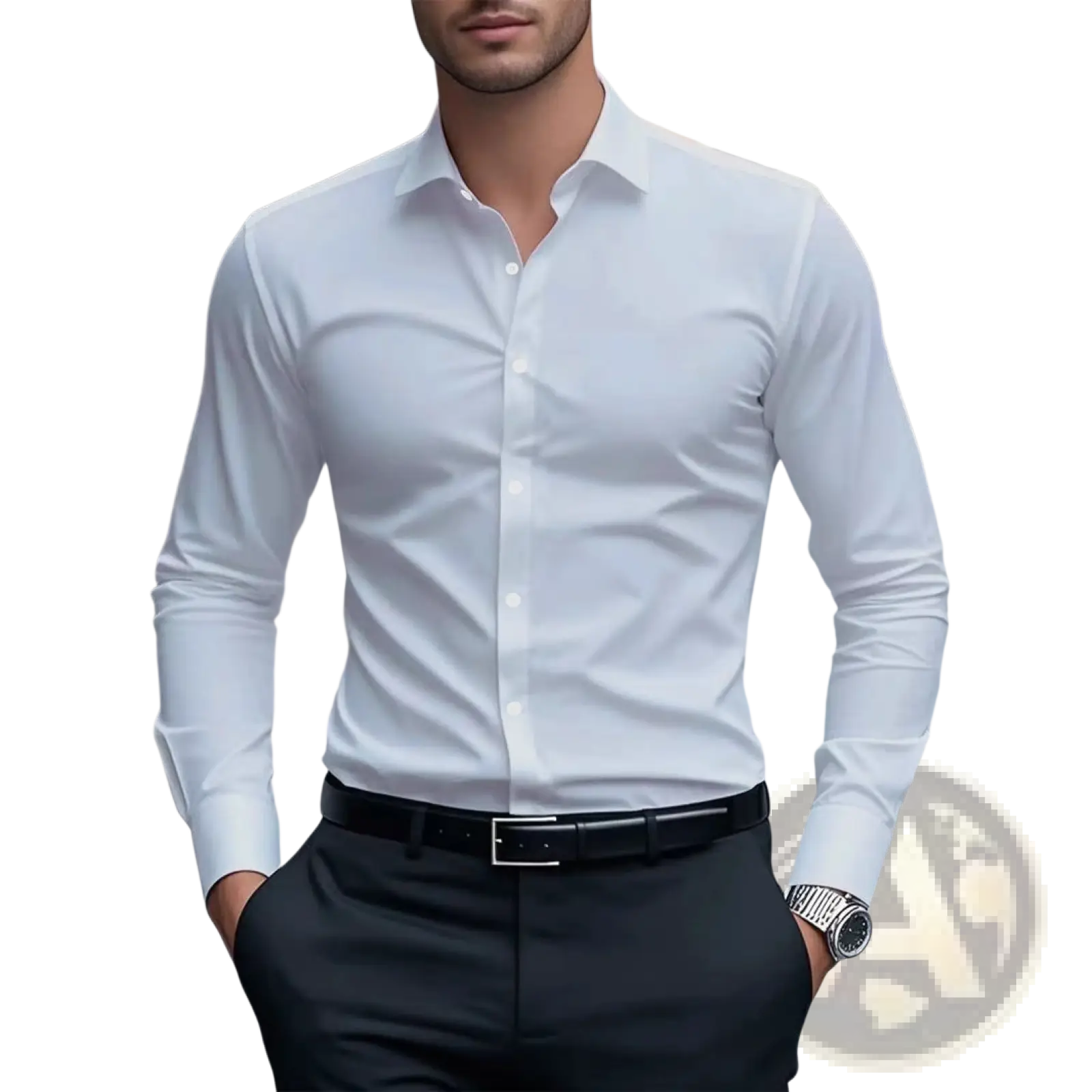 Men’s slim fit business dress shirt in crisp white with long sleeves, classic collar, and button-down front