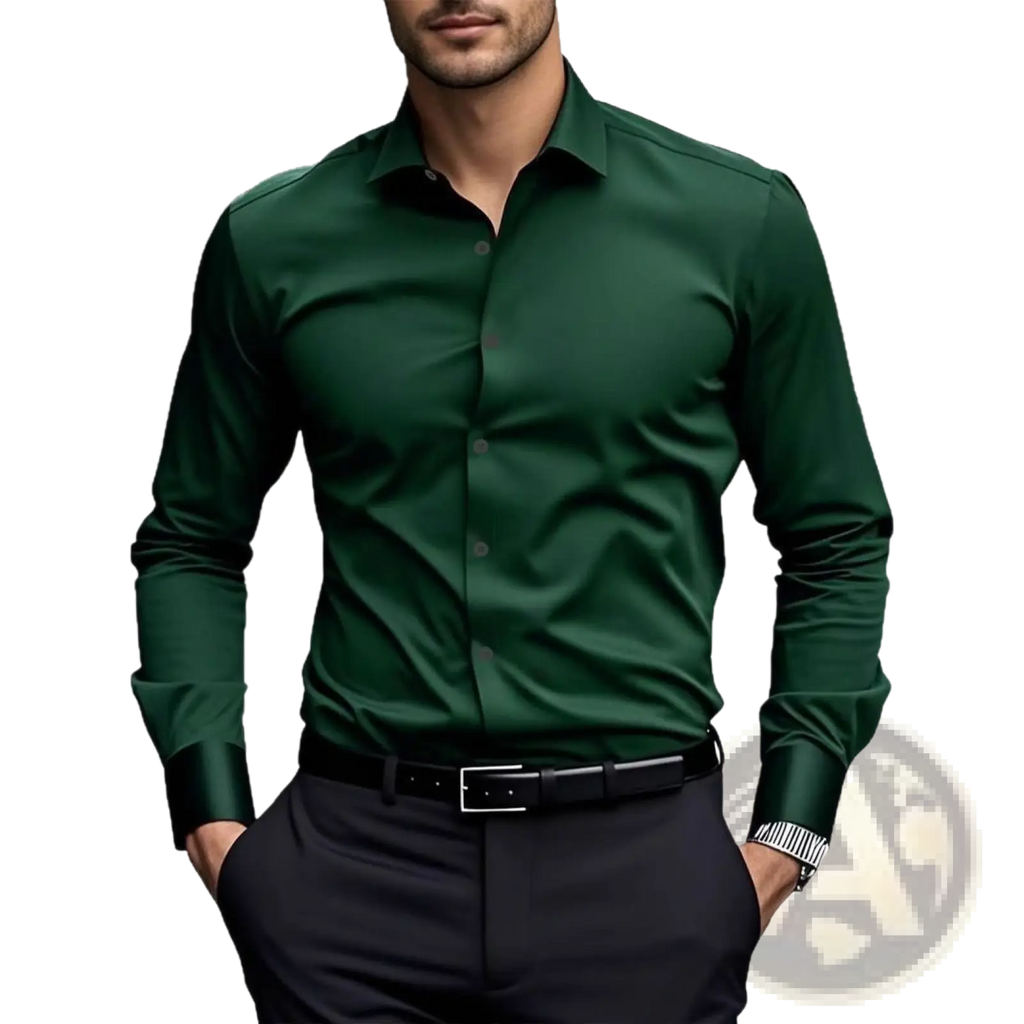 Men’s slim fit business dress shirt in dark green with long sleeves classic collar and subtle textured fabric