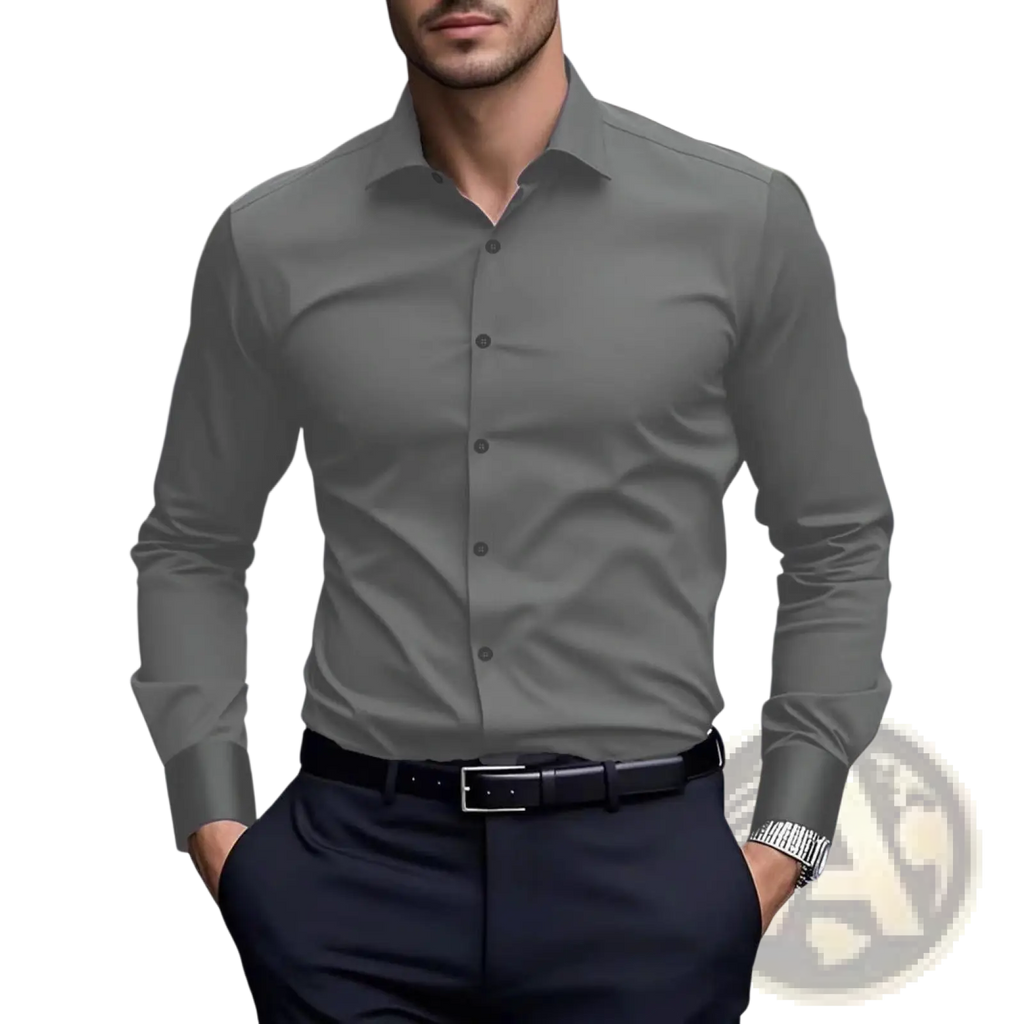 Men’s slim fit business dress shirt in charcoal gray with classic collar and button-down front for formal wear