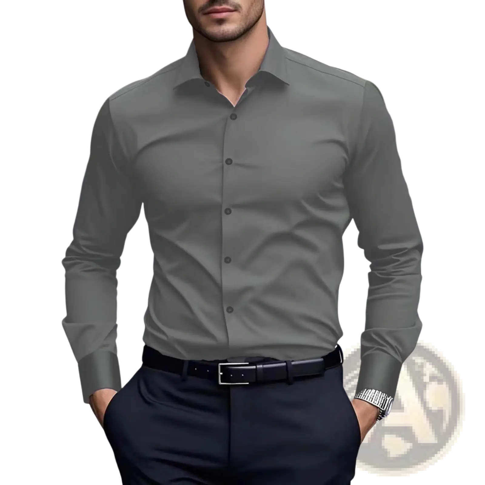 Men’s slim fit business dress shirt in charcoal gray with classic collar and button-down front for formal wear