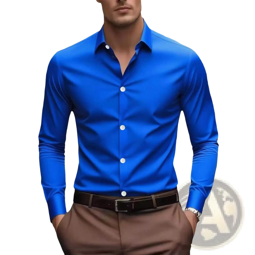 Men’s slim fit business dress shirt in vibrant royal blue with long sleeves and crisp white buttons