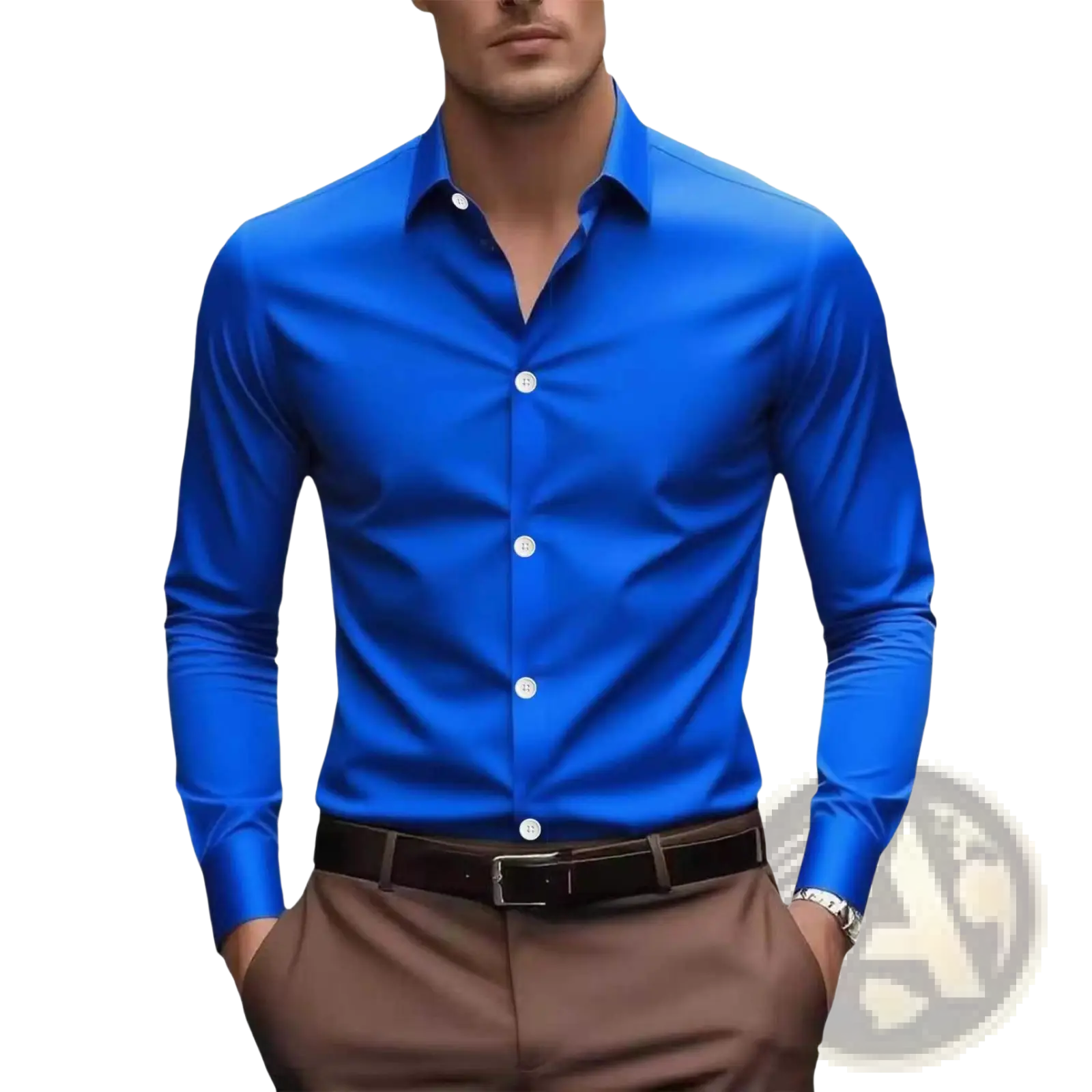 Men’s slim fit business dress shirt in vibrant royal blue with long sleeves and crisp white buttons