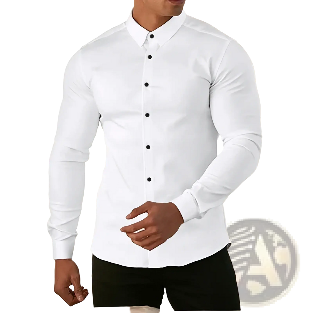 Mens slim fit business dress shirt in crisp white cotton with black buttons and long sleeves for formal wear