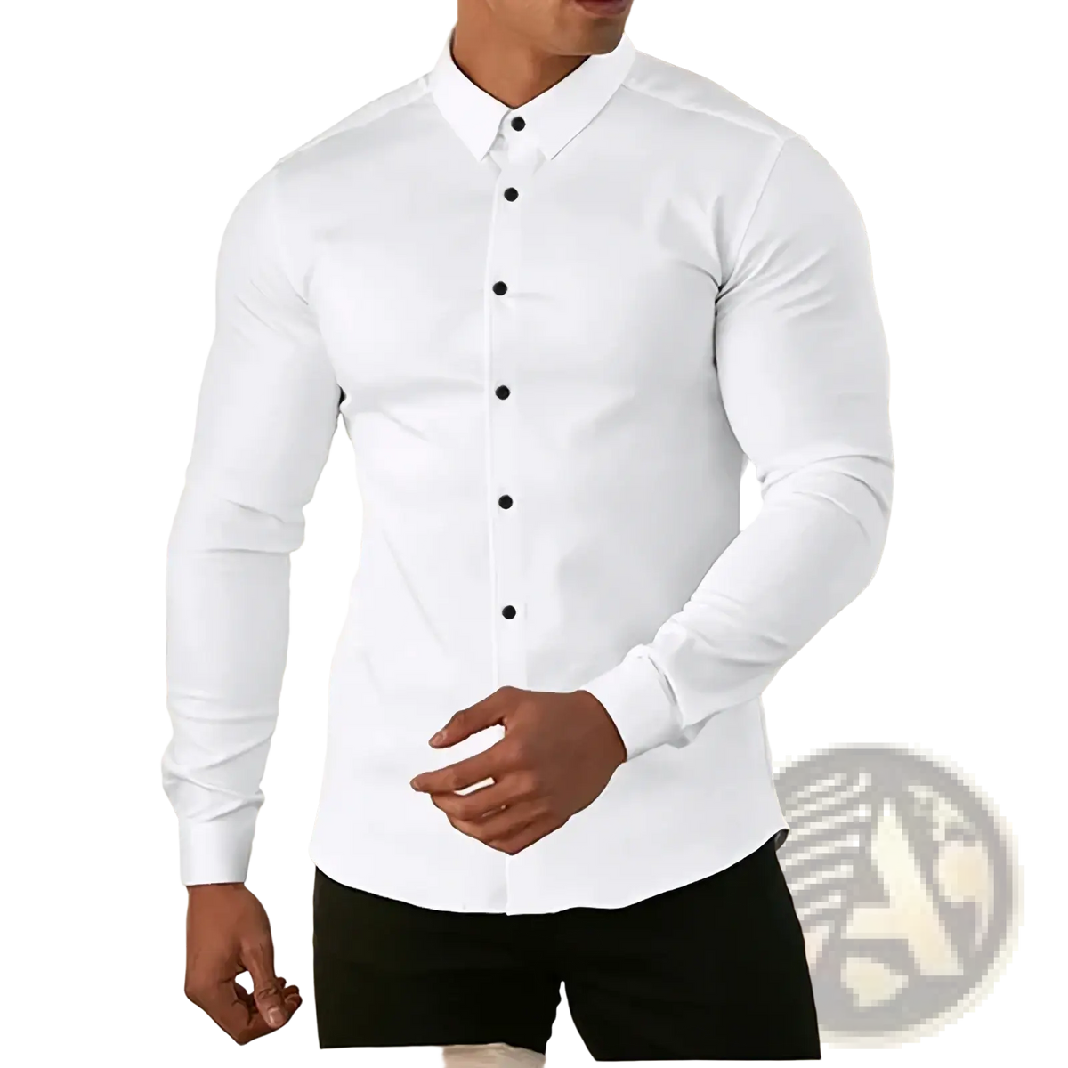 Mens slim fit business dress shirt in crisp white cotton with black buttons and long sleeves for formal wear