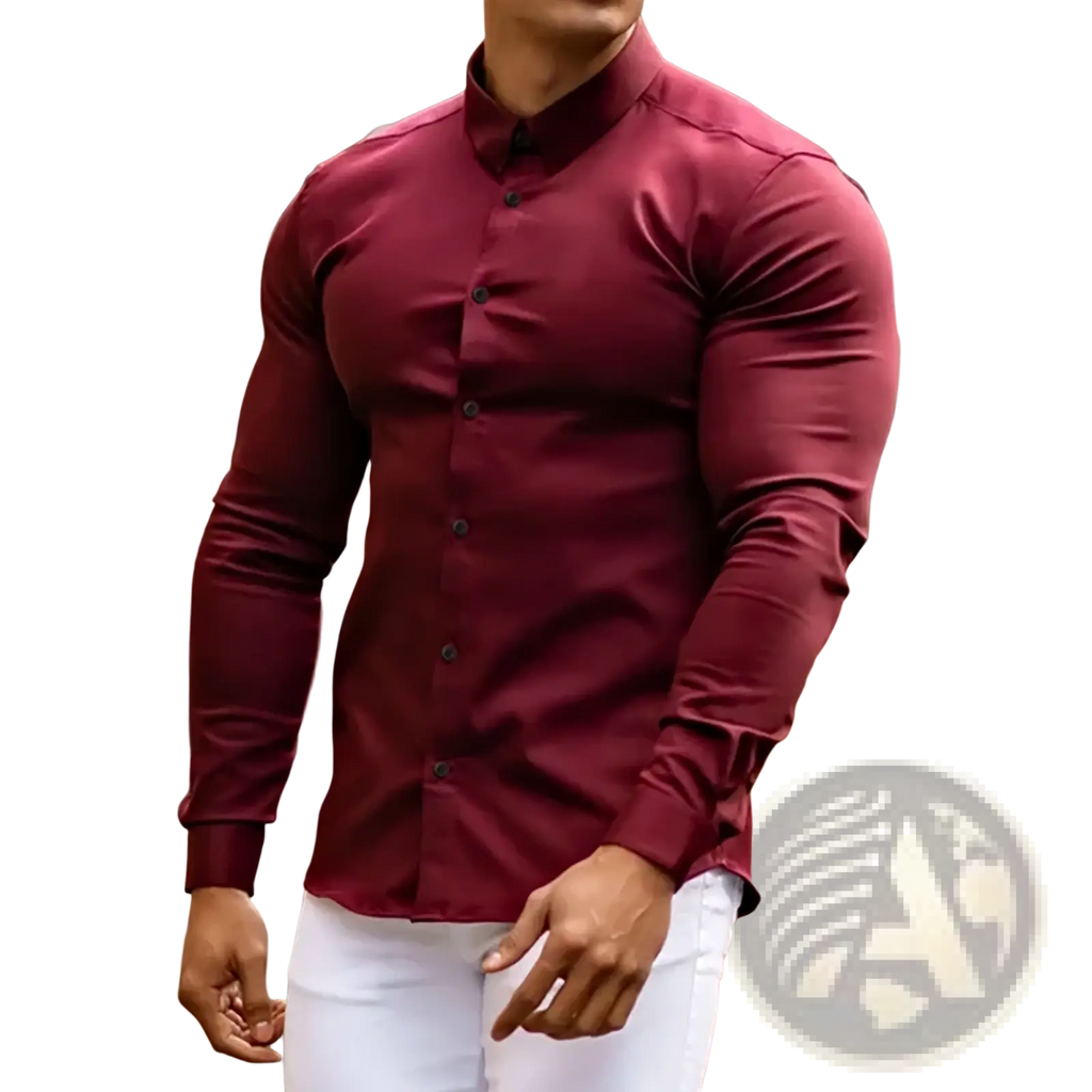 Mens slim fit business dress shirt in fitted maroon long-sleeved fabric with classic collar and black buttons
