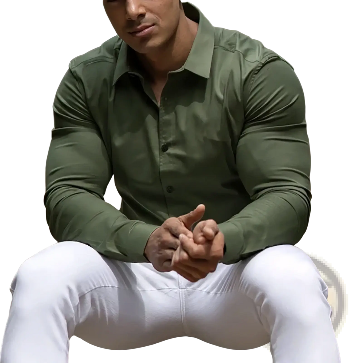 Mens slim fit business dress shirt in olive green with long sleeves and button-up front for formal wear