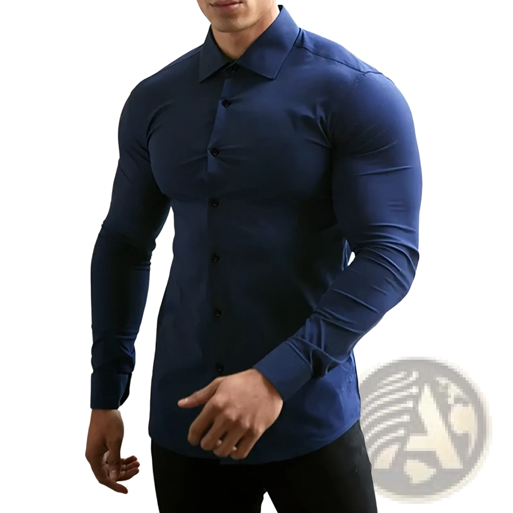 Mens slim fit business dress shirt in sleek navy blue with long sleeves and a tailored classic collar design
