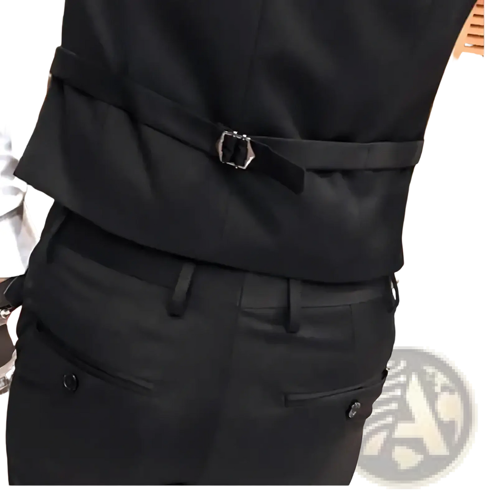 Men’s slim fit black tailored business vest with a sleek satin finish belt and silver toned buckle formal waistcoat