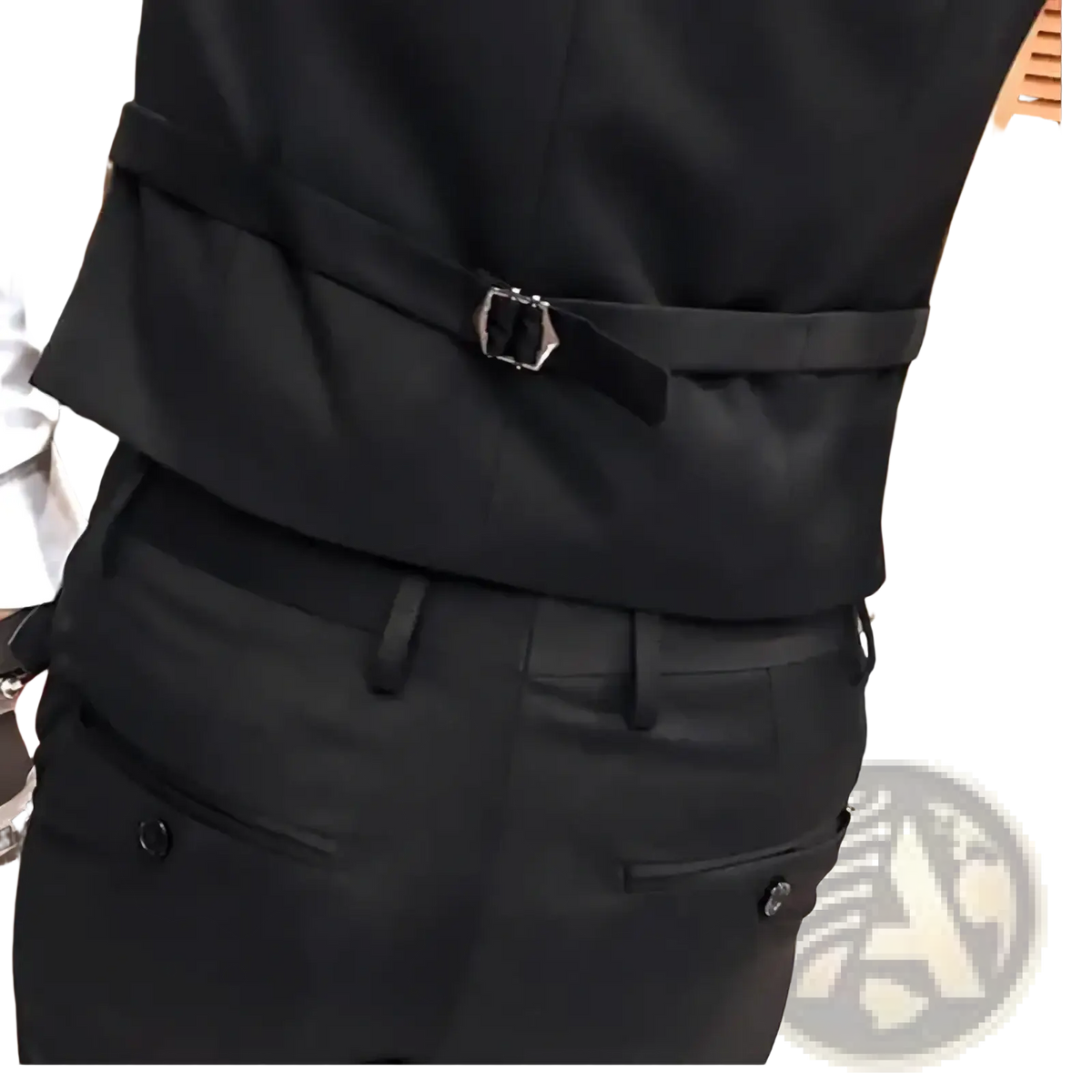 Men’s slim fit black tailored business vest with a sleek satin finish belt and silver toned buckle formal waistcoat