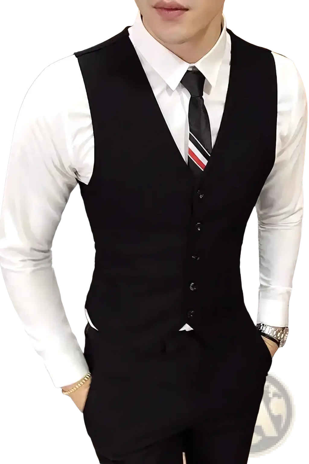 Men’s slim fit black tailored business vest with button closure and subtle stitching details in plus size formal waistcoat