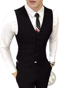Men’s slim fit black tailored business vest with button closure and subtle stitching details in plus size formal waistcoat