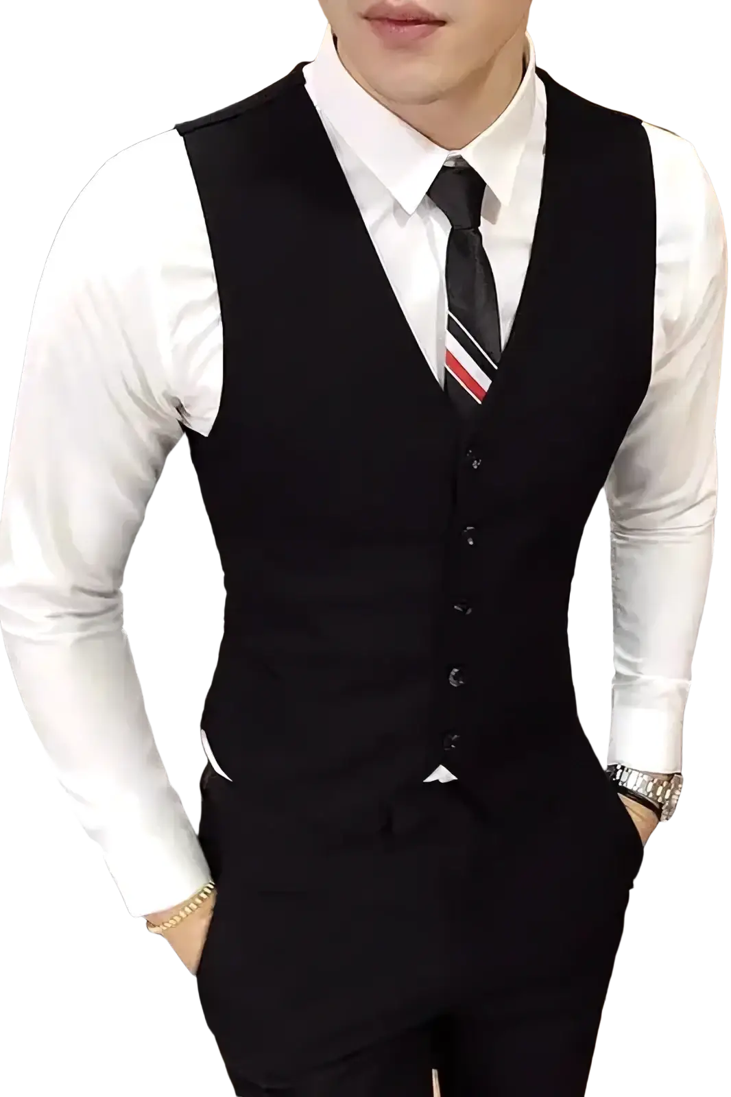 Men’s slim fit black tailored business vest with button closure and subtle stitching details in plus size formal waistcoat