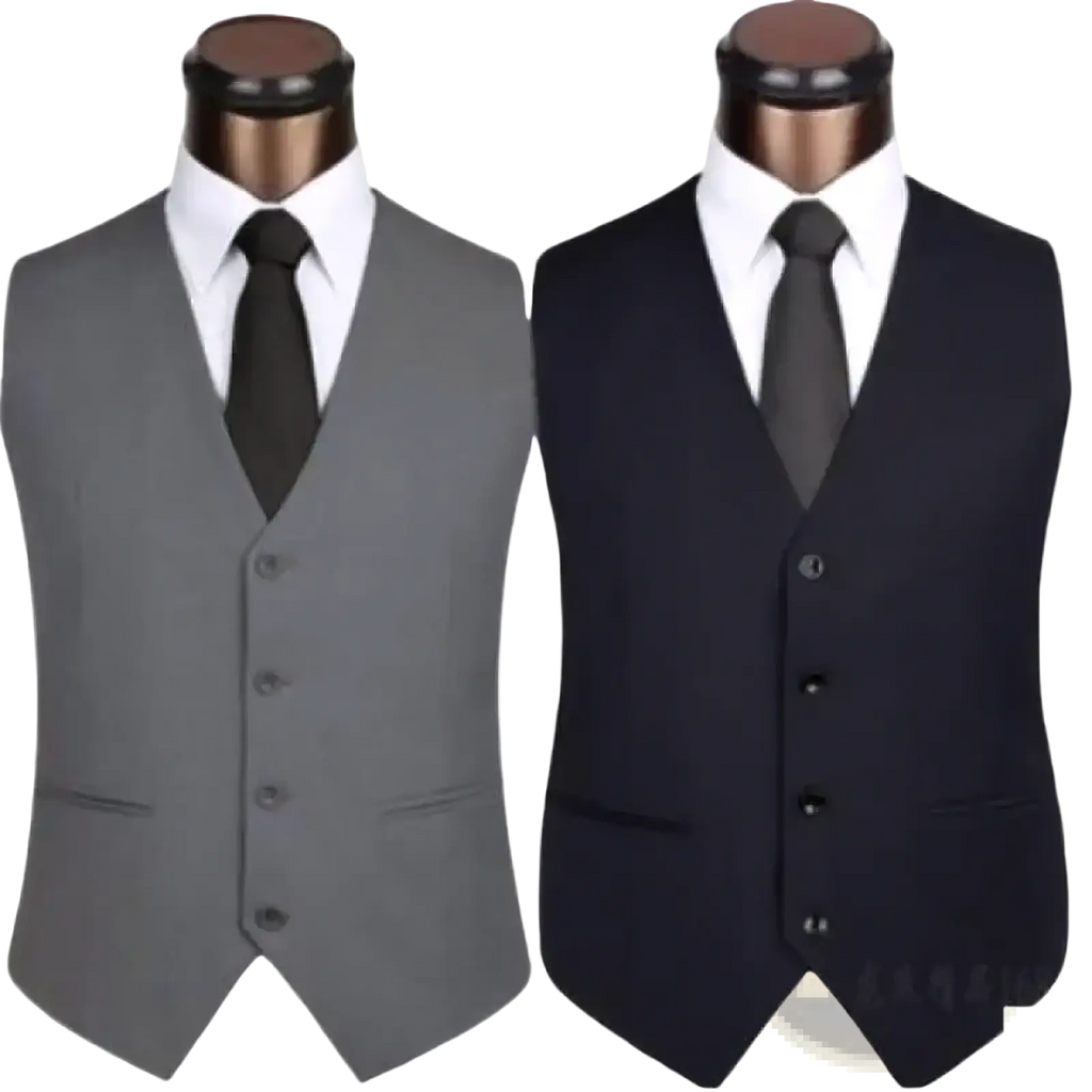 Men’s slim fit business vest plus size formal waistcoats in gray and navy blue with five-button front closure on mannequins