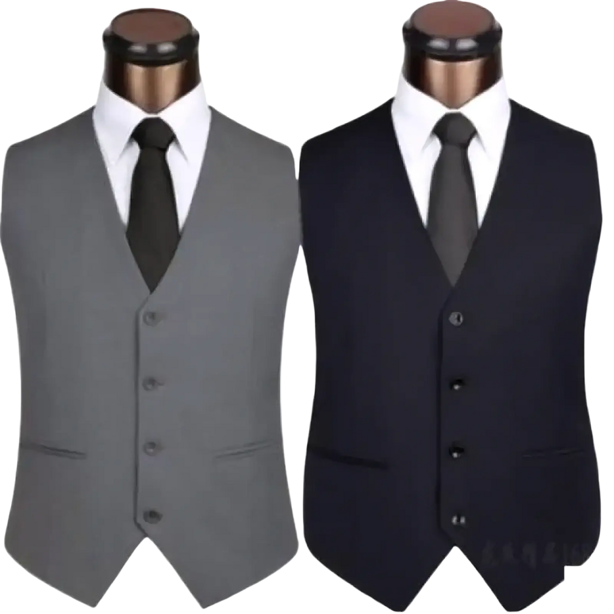 Men’s slim fit business vest plus size formal waistcoats in gray and navy blue with five-button front closure on mannequins