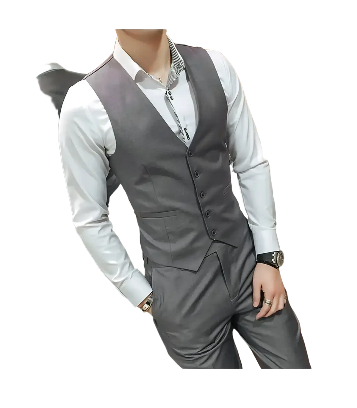 Men’s slim fit gray tailored vest with subtle sheen, five dark buttons, and two front pockets for formal use