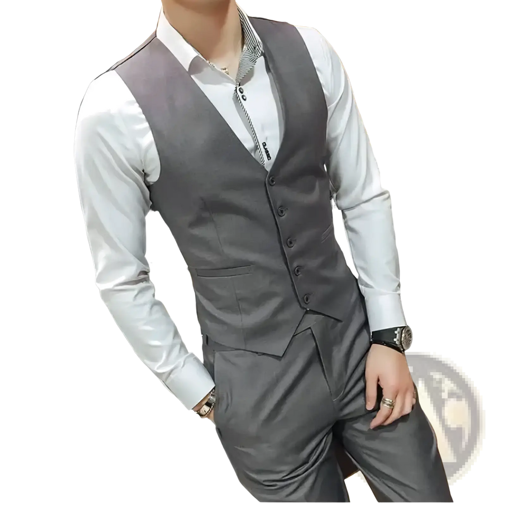 Men’s slim fit business vest plus size gray tailored waistcoat with five black buttons and subtle sheen worn over white shirt