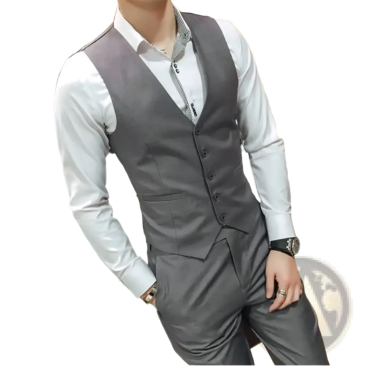 Men’s slim fit business vest plus size gray tailored waistcoat with five black buttons and subtle sheen worn over white shirt